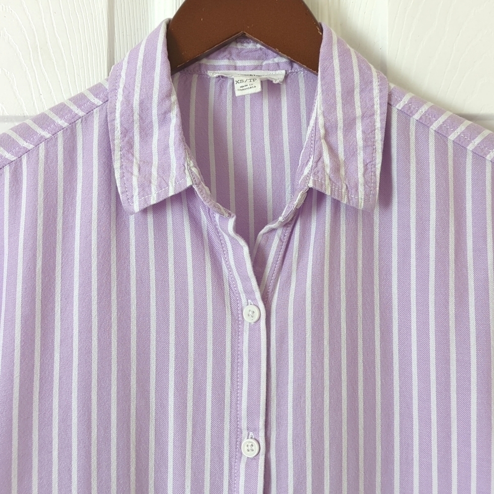 Beach Lunch Lounge Striped Ruffled Short Sleeve Button Down Blouse Purple XS - Picture 2 of 10